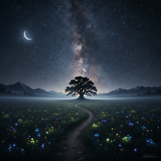 A winding path through glowing flowers leads to a lone tree under a starry sky.