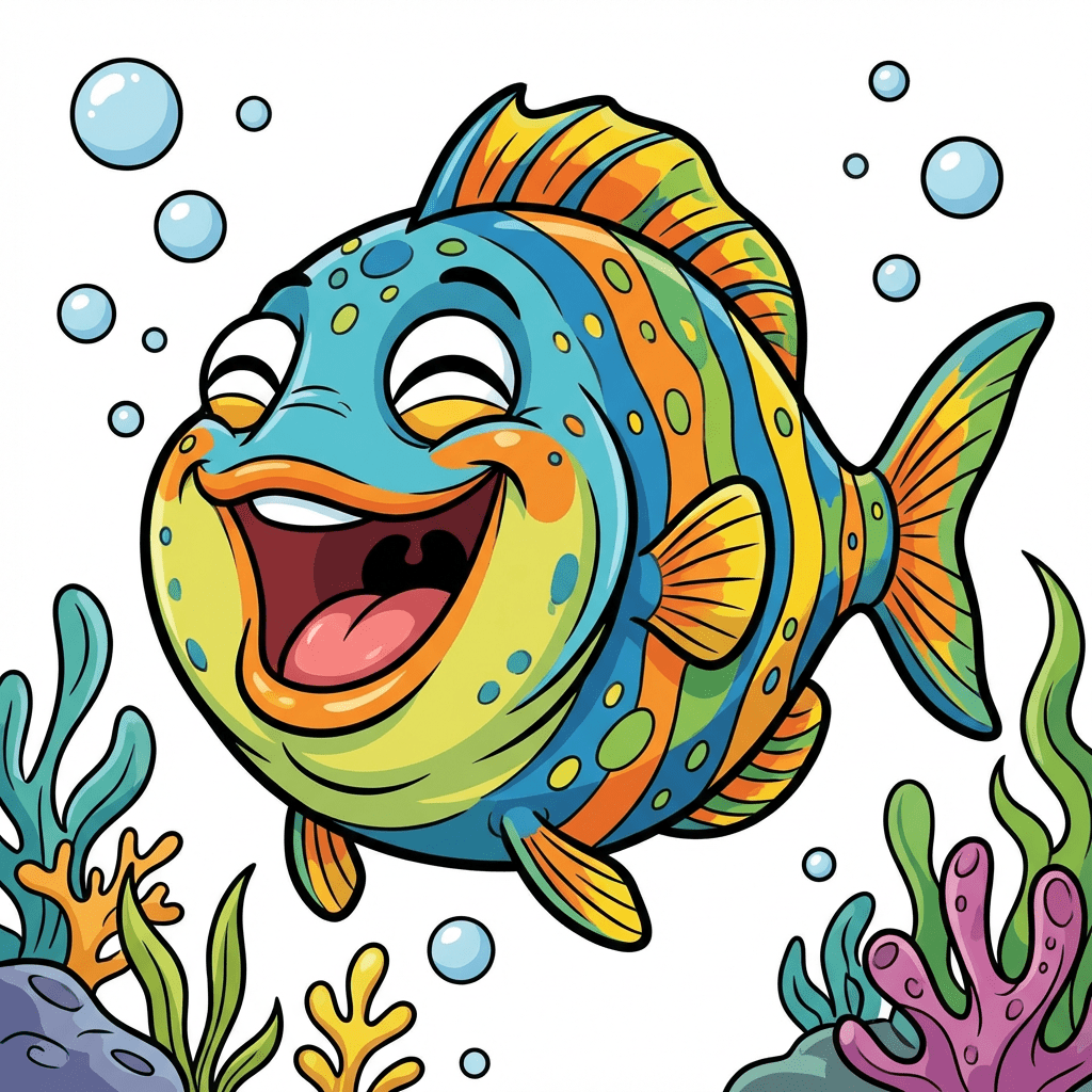 A cheerful, brightly colored cartoon fish laughing with its mouth wide open underwater.