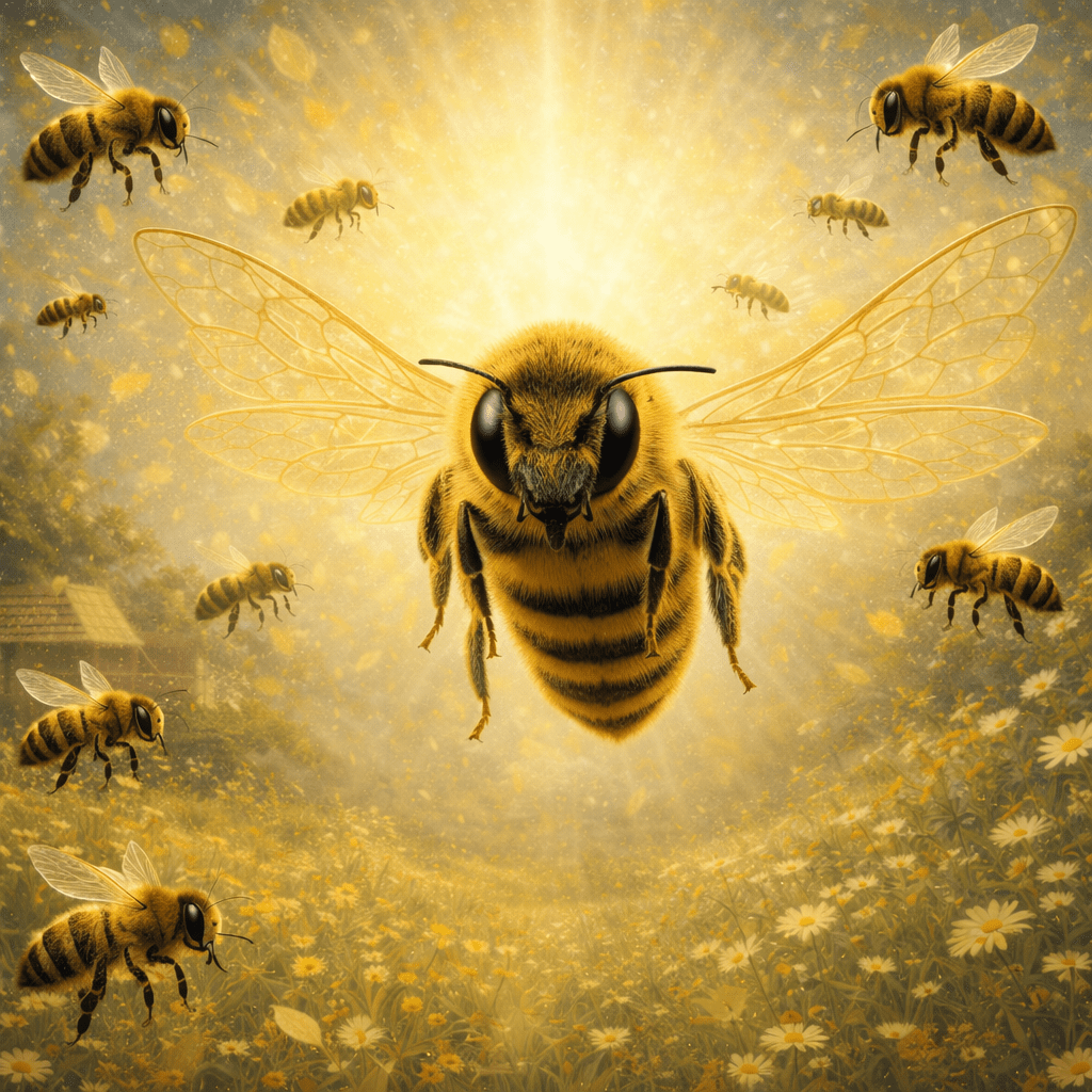 Bee queen with crown, golden wings, and ornate staff surrounded by bees