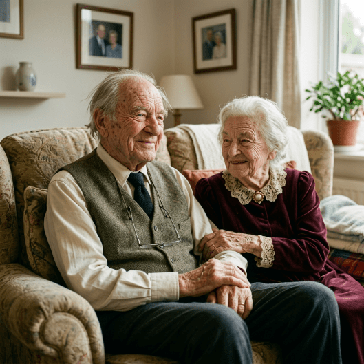 Elderly man and woman sitting on a couch laughing and holding hands