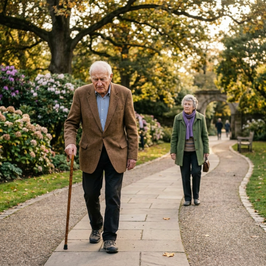 Elderly man and woman walking together on a park path with autumn foliage