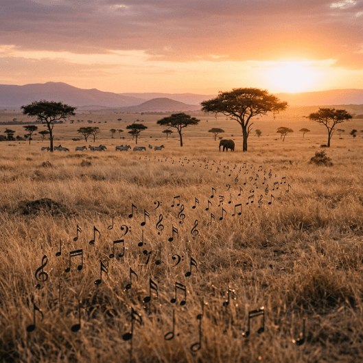 Savanna landscape with zebras, elephant, acacia trees, and musical notes at sunset