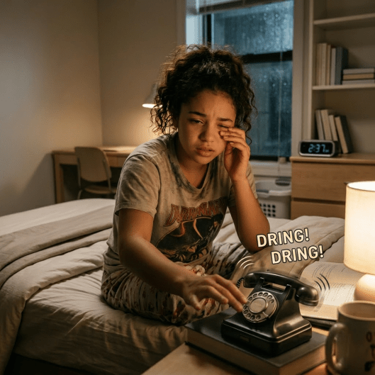 Tired woman wincing while reaching to answer unknown call on phone at 2:37 AM